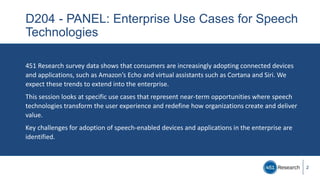 2
D204 - PANEL: Enterprise Use Cases for Speech
Technologies
451 Research survey data shows that consumers are increasingl...