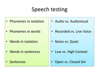 Speech testing Phonemes in isolation Phonemes in words Words in isolation Words in sentences Sentences Audio vs. Audiovisual Recorded vs. Live Voice Noise vs. Quiet Low vs. High Context Open vs. Closed Set 