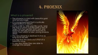 What is a phoenix?
   The phoenix is a bird with beautiful gold
    and red plumage.
   It’s a long-lived bird that is cyclically
    regenerated or reborn.
   It has a 500 to 1000 year life-cycle, near
    the end of which it builds itself a nest of
    twigs that then ignites; both nest and
    bird burn fiercely and are reduced to
    ashes, from which a new, young phoenix
    arises.
   The new phoenix is destined to live as
    long as its old self.
   It is said that the bird's cry is that of a
    beautiful song.
   In very few stories they are able to
    change into people.
 