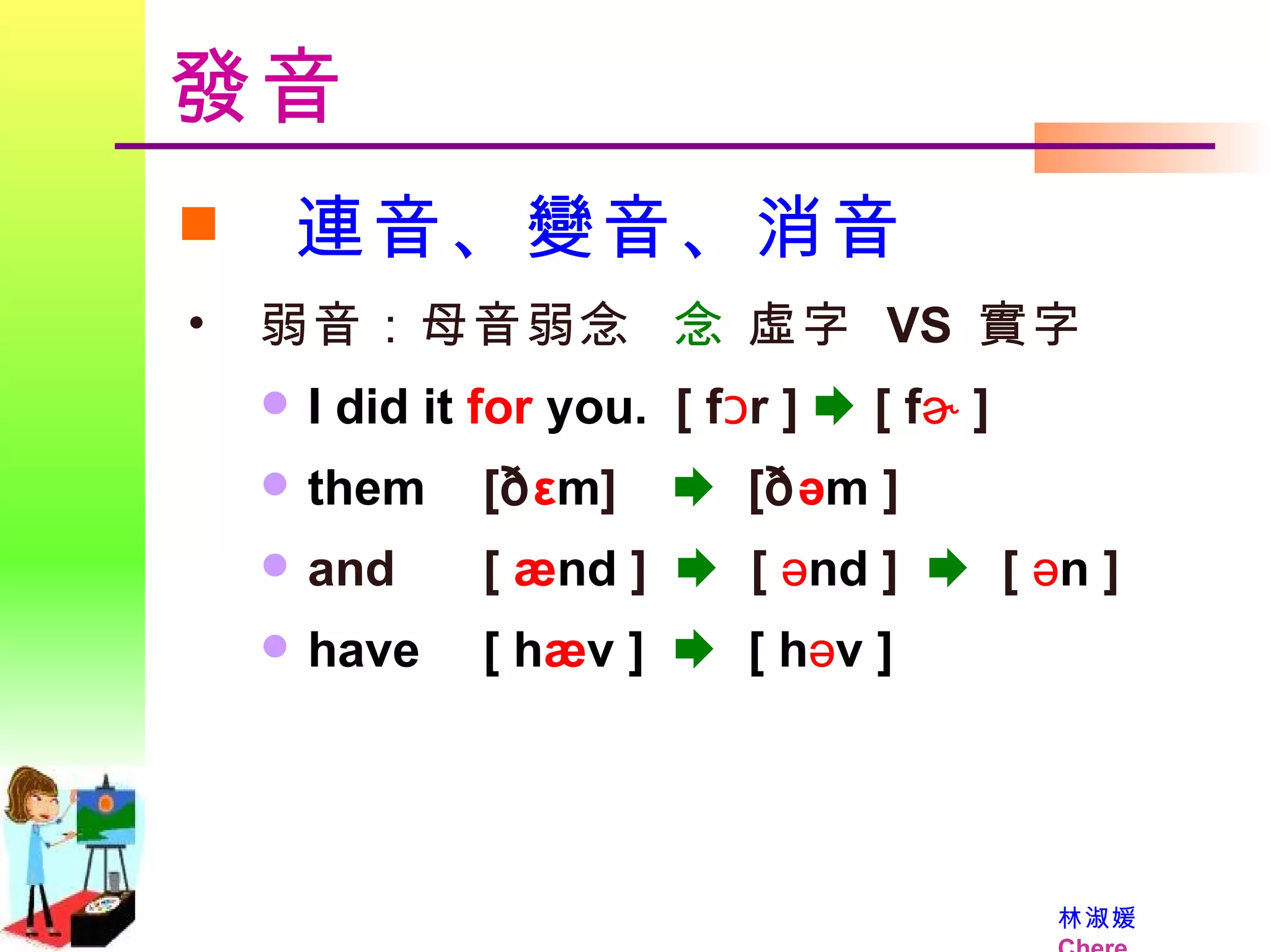 發音 連音、變音、消音 弱音：母音弱念     虛字  VS  實字 I did it  for  you.   [ f ͻ r ]    [ f ɚ  ]  them   [ ð ε m ]     [ ð ə m  ]   and    [  æ nd  ]     [  ə nd  ]      [  ə n  ]   have    [ h æ v ]     [ h ə v ]  