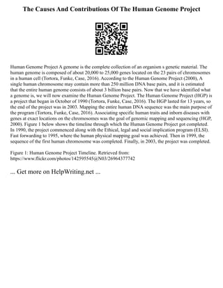 The Causes And Contributions Of The Human Genome Project
Human Genome Project A genome is the complete collection of an organism s genetic material. The
human genome is composed of about 20,000 to 25,000 genes located on the 23 pairs of chromosomes
in a human cell (Tortora, Funke, Case, 2016). According to the Human Genome Project (2000), A
single human chromosome may contain more than 250 million DNA base pairs, and it is estimated
that the entire human genome consists of about 3 billion base pairs. Now that we have identified what
a genome is, we will now examine the Human Genome Project. The Human Genome Project (HGP) is
a project that began in October of 1990 (Tortora, Funke, Case, 2016). The HGP lasted for 13 years, so
the end of the project was in 2003. Mapping the entire human DNA sequence was the main purpose of
the program (Tortora, Funke, Case, 2016). Associating specific human traits and inborn diseases with
genes at exact locations on the chromosomes was the goal of genomic mapping and sequencing (HGP,
2000). Figure 1 below shows the timeline through which the Human Genome Project got completed.
In 1990, the project commenced along with the Ethical, legal and social implication program (ELSI).
Fast forwarding to 1995, where the human physical mapping goal was achieved. Then in 1999, the
sequence of the first human chromosome was completed. Finally, in 2003, the project was completed.
Figure 1: Human Genome Project Timeline. Retrieved from:
https://www.flickr.com/photos/142595545@N03/26964377742
... Get more on HelpWriting.net ...
 