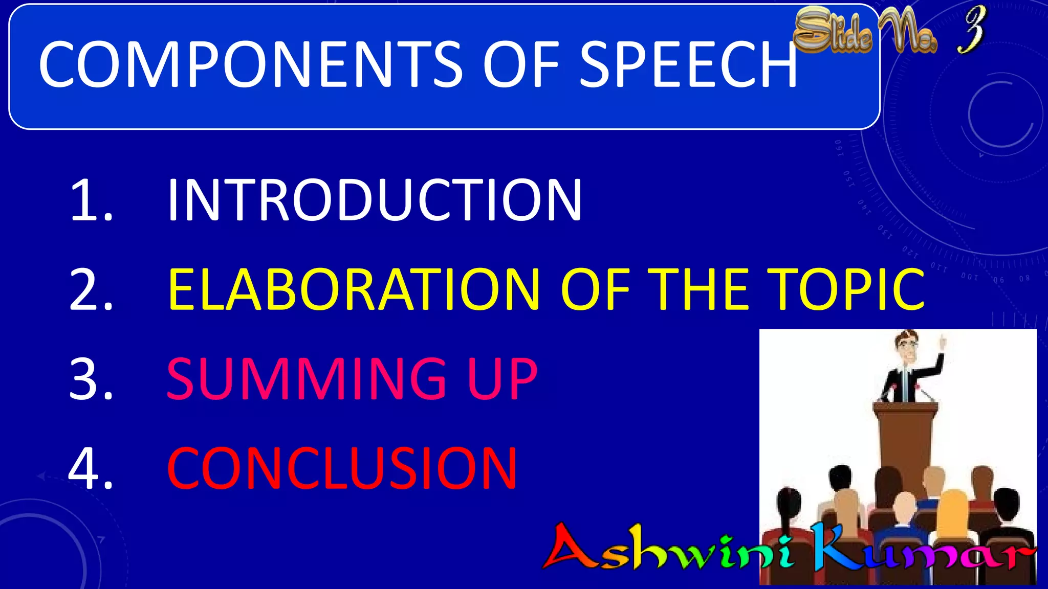 COMPONENTS OF SPEECH
1. INTRODUCTION
2. ELABORATION OF THE TOPIC
3. SUMMING UP
4. CONCLUSION
 