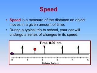Speed
• Speed is a measure of the distance an object
  moves in a given amount of time.
• During a typical trip to school, your car will
  undergo a series of changes in its speed.
 