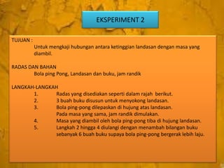 EKSPERIMENT 2
TUJUAN :
Untuk mengkaji hubungan antara ketinggian landasan dengan masa yang
diambil.
RADAS DAN BAHAN
Bola ping Pong, Landasan dan buku, jam randik
LANGKAH-LANGKAH
1.
Radas yang disediakan seperti dalam rajah berikut.
2.
3 buah buku disusun untuk menyokong landasan.
3.
Bola ping-pong dilepaskan di hujung atas landasan.
Pada masa yang sama, jam randik dimulakan.
4.
Masa yang diambil oleh bola ping-pong tiba di hujung landasan.
5.
Langkah 2 hingga 4 diulangi dengan menambah bilangan buku
sebanyak 6 buah buku supaya bola ping-pong bergerak lebih laju.

 