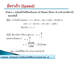 3นายสมพร เหล่าทองสาร โรงเรียนดงบังพิสัยนวการนุสรณ์ สพม. 26
ตัวอย่าง 1 รถคันหนึ่งวิ่งได้ไกลเป็นระยะ 40 กิโลเมตร ใช้เวลา 30 นาที จงหาอัตราเร็ว
ของรถคันนี้
วิธีทา จากโจทย์ ระยะทาง = S = 40 km = 40 x 1,000 = 40,000 m
เวลา = t = 30 min = 30 x 60 = 1,800 s
อัตราเร็ว = v = ?
ดังนั้น อัตราเร็วหา ได้จาก สูตร (1)
แทนค่าลงในสมการ
ตอบ รถคันนี้มีอัตราเร็ว 22.22 เมตร/วินาที
t
S
v 
t
S
v 
m/s22.22
1,800
40,000
v 
 