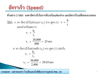 8นายสมพร เหล่าทองสาร โรงเรียนดงบังพิสัยนวการนุสรณ์ สพม. 26
ตัวอย่าง 2 (ต่อ) จงหาอัตราเร็วในการขับรถในแต่ละช่วง และอัตราเร็วเฉลี่ยของนายทอง
วิธีทา ก. หา อัตราเร็วในช่วงแรก (v1) จาก สูตร (1)
แทนค่าลงในสมการ
1
1
1
t
S
v 
m/s25
800
20,000
v1 
t
S
v 
ข. หา อัตราเร็วในช่วงหลัง (v2) จาก สูตร (1) เช่นกัน
2
2
2
t
S
v 
m/s20.83
2,400
50,000
v2 
 