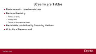 Streams are Tables
● Feature creation based on windows
● Batch as Streaming
○ Partition by Entity
○ Sort By Time
○ Flatmap for every window trigger
● Batch Model can be feed by Streaming Windows
● Output is a Stream as well
 