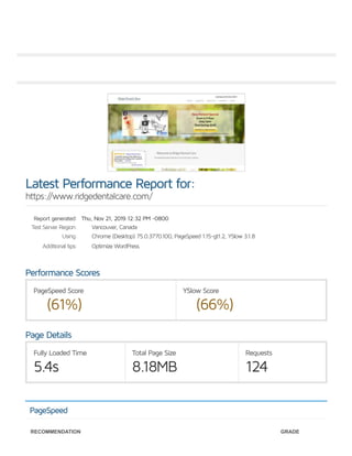 Report generated:
Test Server Region:
Using:
Additional tips:
PageSpeed Score
(61%)
YSlow Score
(66%)
Fully Loaded Time
5.4s
Total Page Size
8.18MB
Requests
124
Latest Performance Report for:
https://www.ridgedentalcare.com/
Thu, Nov 21, 2019 12:32 PM -0800
Vancouver, Canada
Chrome (Desktop) 75.0.3770.100, PageSpeed 1.15-gt1.2, YSlow 3.1.8
Optimize WordPress
Performance Scores
Page Details
PageSpeed
RECOMMENDATION GRADE
 