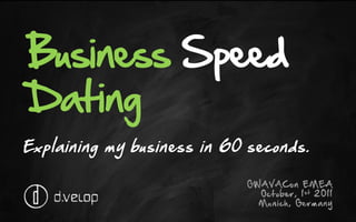 Business Speed
Dating
Explaining my business in 60 seconds.
 
