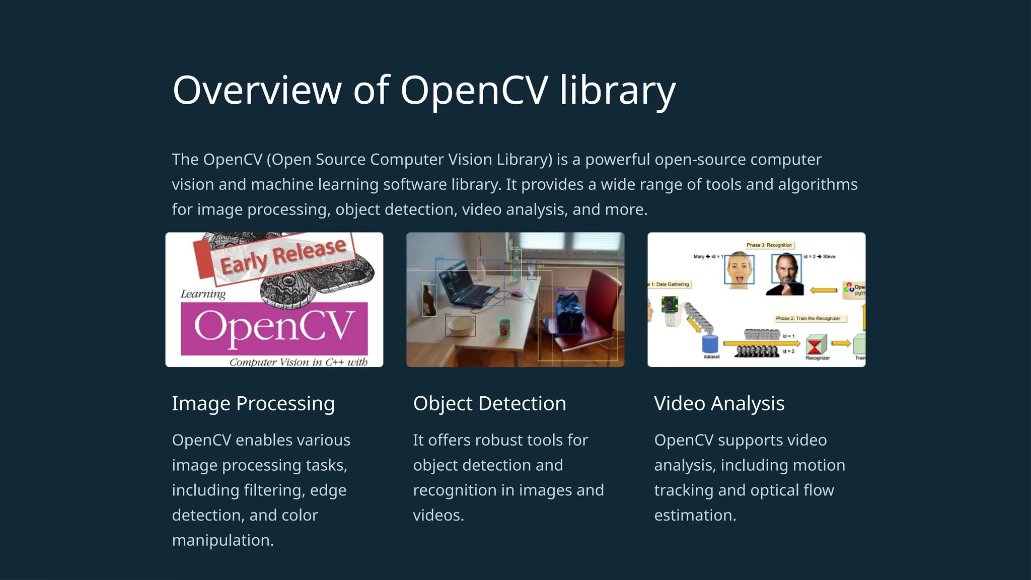 Overview of OpenCV library
The OpenCV (Open Source Computer Vision Library) is a powerful open-source computer
vision and machine learning software library. It provides a wide range of tools and algorithms
for image processing, object detection, video analysis, and more.
Image Processing
OpenCV enables various
image processing tasks,
including filtering, edge
detection, and color
manipulation.
Object Detection
It offers robust tools for
object detection and
recognition in images and
videos.
Video Analysis
OpenCV supports video
analysis, including motion
tracking and optical flow
estimation.
 