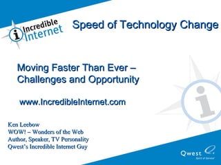 Ken Leebow WOW! – Wonders of the Web Author, Speaker, TV Personality Qwest’s Incredible Internet Guy Moving Faster Than Ever –  Challenges and Opportunity www.IncredibleInternet.com Speed of Technology Change   