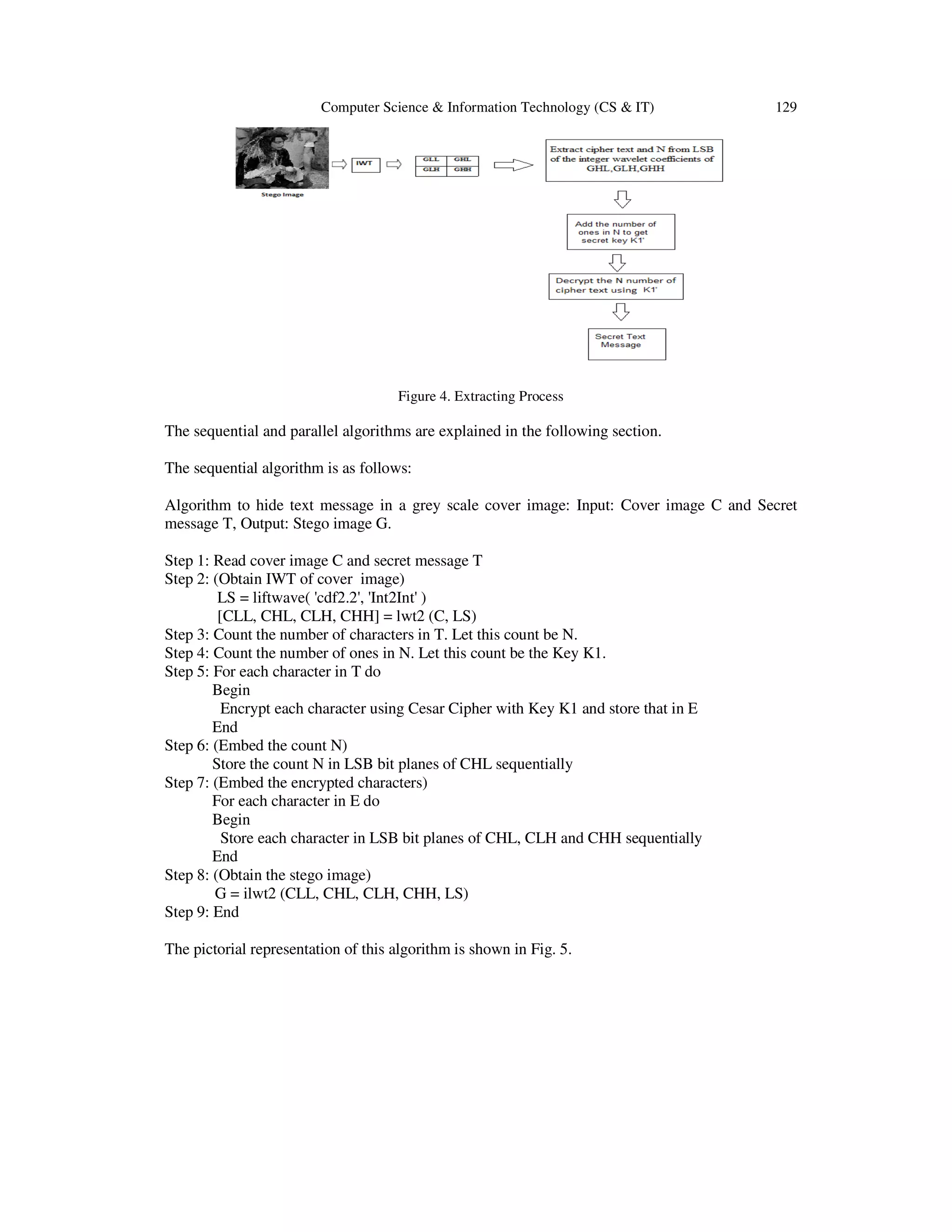 Computer Science & Information Technology (CS & IT)

129

Figure 4. Extracting Process

The sequential and parallel algorithms are explained in the following section.
The sequential algorithm is as follows:
Algorithm to hide text message in a grey scale cover image: Input: Cover image C and Secret
message T, Output: Stego image G.
Step 1: Read cover image C and secret message T
Step 2: (Obtain IWT of cover image)
LS = liftwave( 'cdf2.2', 'Int2Int' )
[CLL, CHL, CLH, CHH] = lwt2 (C, LS)
Step 3: Count the number of characters in T. Let this count be N.
Step 4: Count the number of ones in N. Let this count be the Key K1.
Step 5: For each character in T do
Begin
Encrypt each character using Cesar Cipher with Key K1 and store that in E
End
Step 6: (Embed the count N)
Store the count N in LSB bit planes of CHL sequentially
Step 7: (Embed the encrypted characters)
For each character in E do
Begin
Store each character in LSB bit planes of CHL, CLH and CHH sequentially
End
Step 8: (Obtain the stego image)
G = ilwt2 (CLL, CHL, CLH, CHH, LS)
Step 9: End
The pictorial representation of this algorithm is shown in Fig. 5.

 