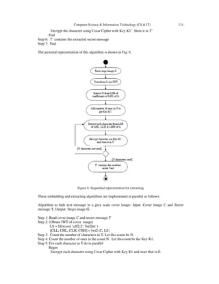 Computer Science & Information Technology (CS & IT)

131

Decrypt the character using Cesar Cipher with Key K1’. Store it in T’
End
Step 6: T’ contains the extracted secret message
Step 7: End
The pictorial representation of this algorithm is shown in Fig. 6.

Figure 6. Sequential representation for extracting

These embedding and extracting algorithms are implemented in parallel as follows:
Algorithm to hide text message in a grey scale cover image: Input: Cover image C and Secret
message T, Output: Stego image G.
Step 1: Read cover image C and secret message T
Step 2: (Obtain IWT of cover image)
LS = liftwave( 'cdf2.2', 'Int2Int' )
[CLL, CHL, CLH, CHH] = lwt2 (C, LS)
Step 3: Count the number of characters in T. Let this count be N.
Step 4: Count the number of ones in the count N. Let thiscount be the Key K1.
Step 5: For each character in T do in parallel
Begin
Encrypt each character using Cesar Cipher with Key K1 and store that in E.

 