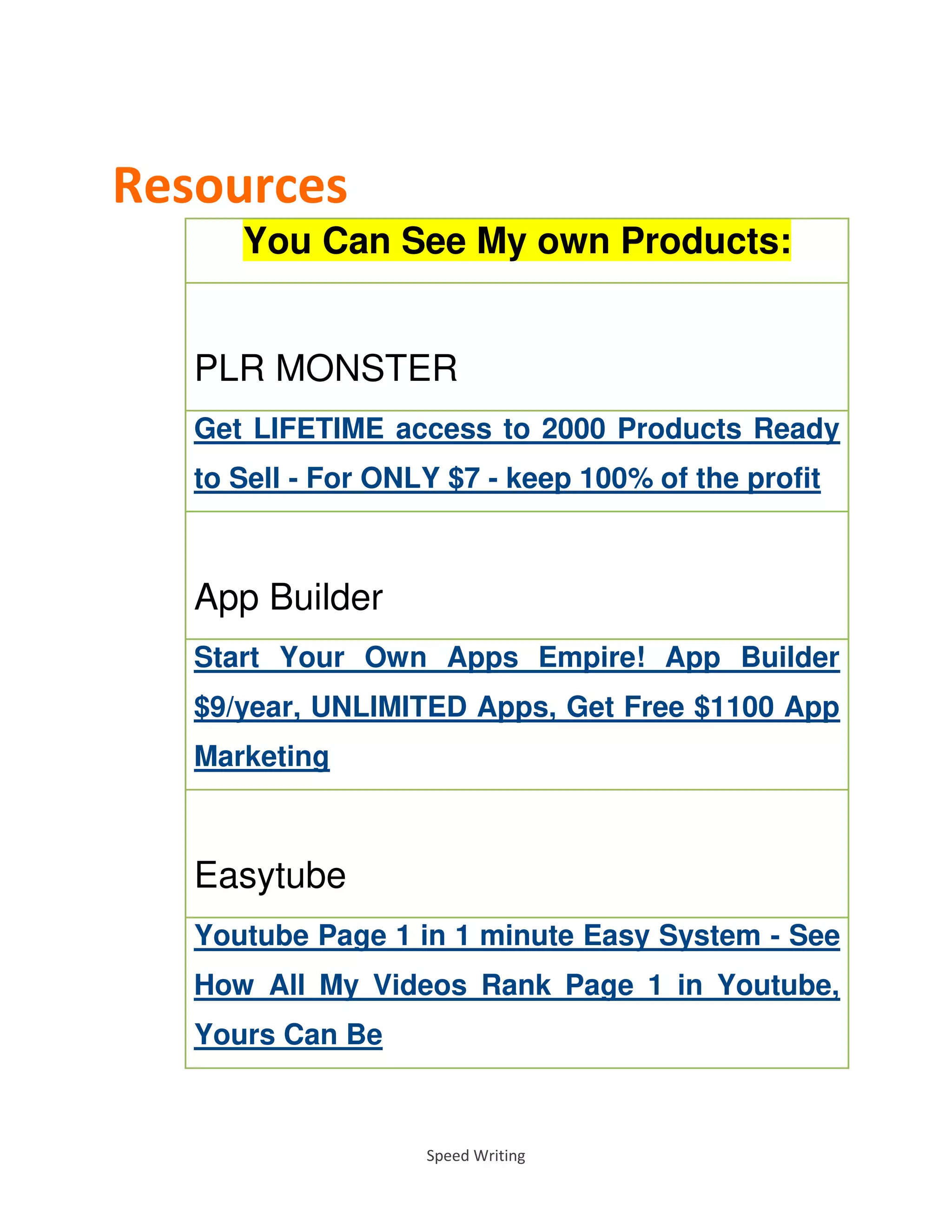 Speed Writing
Resources
You Can See My own Products:
PLR MONSTER
Get LIFETIME access to 2000 Products Ready
to Sell - For ONLY $7 - keep 100% of the profit
App Builder
Start Your Own Apps Empire! App Builder
$9/year, UNLIMITED Apps, Get Free $1100 App
Marketing
Easytube
Youtube Page 1 in 1 minute Easy System - See
How All My Videos Rank Page 1 in Youtube,
Yours Can Be
 