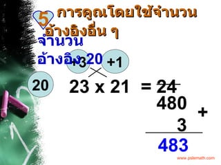 การคูณโดยใช้จำนวนอ้างอิงอื่น ๆ  5 23 x 21  = +3 +1 24 3 483 + 20 จำนวนอ้างอิง  20 480 