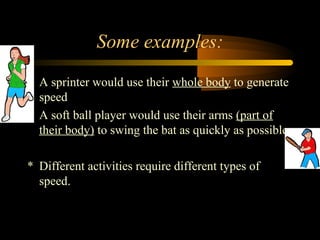 Some examples:
• A sprinter would use their whole body to generate
speed
• A soft ball player would use their arms (part of
their body) to swing the bat as quickly as possible
* Different activities require different types of
speed.

 
