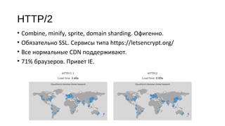 HTTP/2
• Combine, minify, sprite, domain sharding. Офигенно.
• Обязательно SSL. Сервисы типа https://letsencrypt.org/
• Все нормальные CDN поддерживают.
• 71% браузеров. Привет IE.
 
