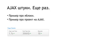 AJAX штуки. Еще раз.
• Пример про яблоки.
• Пример про проект на AJAX.
 