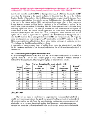 International Journal of Electronics and Communication Engineering & Technology (IJECET), ISSN 0976 –
6464(Print), ISSN 0976 – 6472(Online) Volume 3, Issue 3, October- December (2012), © IAEME

shared secret is used to check the MAC of the request message. If a Mobility Binding for the MN
exists, then the timestamp in the request is checked to be greater than the one in the Mobility
Binding. If either of these checks fails the HA responds to the sender with a Registration Reply
indicating registration failure. If the checks succeed the HA determines the smaller lifetime value
of the one in the request and the HA's pre-configured maximum value. It then generates a
Session Key and creates a Mobility Binding consisting of the MN's address, its highest FA, the
identification timestamp and the Session Key. The HA then responds with a Registration Reply
indicating registration success. The message includes the same timestamp as the request, the
lifetime value, a MAC, the Session Key encrypted with the shared secret and the Session Key
encrypted with the highest FA's public key. The HA configures a tunnel between itself and the
highest FA and works as a proxy for the registered MN. If the lifetime in the request is set to
zero, the HA interprets this as a deregistration from the MN. On deregistration the HA purges the
tunnel configuration and stops the proxy ARP functionality for the MN’s address. If the FA
differs in a reregistration, a Registration Reply with a lifetime set to zero is sent to the previous
FA to indicate that the old tunnel should be torn down.
In order to focus on performance issues of mobile IP, we ignore the security check part. When
the HA checks the validation of the Registration Requests, the MN-HA authentication check is
comment out.

7.0 Evaluation of Speed adaptive extension for MIP
We evaluate the performance of SA-MIP over WLAN under the same scenario as in section 3.
Figure 5-10 amd 5-11 are the time-sequence graph at speed 60m/s(rh = 0.06)and 80m/s(rh =
0.08) and AP distance 1000m. The average throughput at different speed is listed

                     Table 1 Average throughput for speed-adaptive MIP
                      AP            Bytes         Travel          Arg                    Handoff
        Speed
                   distance      transferred       Time       throughput                  Rate
        (m/s)
                      (m)            (kB)           (s)          (kB/s)                  (FAs/s)
          20         1500           87000           403          215.83                    0.02
          40         1000           38190           201          190.32                    0.04
          60         1000           21150           141          150.23                    0.06
          80         1000           11210            95          118.17                    0.08
          10          500           86200           402          214.43                    0.02
          20          500           38119           201          189.65                    0.04
          30          500           21248           142          149.64                    0.06
          40          500           10177            86          118.34                    0.08

CONCLUSION

        The ways and means in which the speed adaptive mobile phones can be tracked with a
suitable environment according to the speedy movement of mobile devices is investigated with
relevant informations and it is found that according to the particular environment, any sort of
wireless lan can be operated dramatically and the fruitful outcomes are felt through proper
response and intensified environment in which the mobile phones are operated optimistically.


                                                233
 