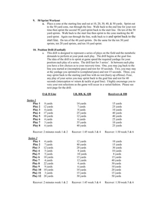 9. 50 Sprint Workout
           a. Place a cone at the starting line and out at 10, 20, 30, 40, & 50 yards. Sprint out
               to the 50 yard cone, run through the line. Walk back to the end line for your rest
               time then sprint the second 50 yard sprint back to the start line. Do ten of the 50
               yard sprints. Walk back to the start line then sprint to the cone marking the 40
               yard sprint. Again run through the line, walk back to it and sprint back to the
               start line. Do ten of the 40 yard sprints. Do the same for the ten 30 yard
               sprints, ten 20 yard sprints, and ten 10 yard sprint.

    10. Position Drill (Football)
            a. This drill is designed to represent a series of plays on the field and the metabolic
                demands to perform at your peak each play. The drill begins at the goal line.
                The idea of the drill is to sprint at game speed the required yardage for your
                position each play of a series. The drill last for 3 series’. In between each play
                you have a few choices as to your recovery time. One, you may jog back to the
                line you started at (incomplete pass) and rest for 10 seconds. Two, you may stay
                at the yardage you sprinted to (completed pass) and rest 15 seconds. Three, you
                may sprint back to the starting yard line with no rest (hurry up offense). Four,
                any play of your series you may sprint back to the goal line and rest for 40
                seconds (interception w/ return & tackle at goal line). I highly encourage you to
                very your rest selections as the game will occur in a varied fashion. Please see
                next page for the drill.

              O & D Line                 LB, RB, K, QB                   Receivers & DB

Series 1
     Play 1    8 yards                      14 yards                         15 yards
     Play 2   12 yards                       7 yards                         25 yards
     Play 3    4 yards                       8 yards                         10 yards
     Play 4   17 yards                      25 yards                         40 yards
     Play 5   10 yards                      12 yards                         40 yards
     Play 6    4 yards                       6 yards                         25 yards
     Play 7    3 yards                      35 yards                         10 yards
     Play 8    6 yards                      40 yards                         25 yards

    Recover: 2 minutes week 1 & 2      Recover: 1:45 week 3 & 4       Recover: 1:30 week 5 & 6

 Series 2
     Play 1   4 yards                       12 yards                         10 yards
     Play 2    7 yards                      40 yards                         15 yards
    Play 3    12 yards                      20 yards                         30 yards
    Play 4     5 yards                       8 yards                        10 yards
    Play 5     5 yards                      10 yards                          8 yards
    Play 6    18 yards                      15 yards                        15 yards
    Play 7     4 yards                      12 yards                        40 yards
    Play 8    22 yards                       4 yards                        30 yards
    Play 9     9 yards                       6 yards                        10 yards
    Play 10   10 yards                      10 yards                        20 yards
    Play 11    3 yards                      15 yards                        15 yards
    Play 12   28 yards                      30 yards                        50 yards

    Recover: 2 minutes week 1 & 2      Recover: 1:45 week 3 & 4       Recover: 1:30 week 5 & 6
 