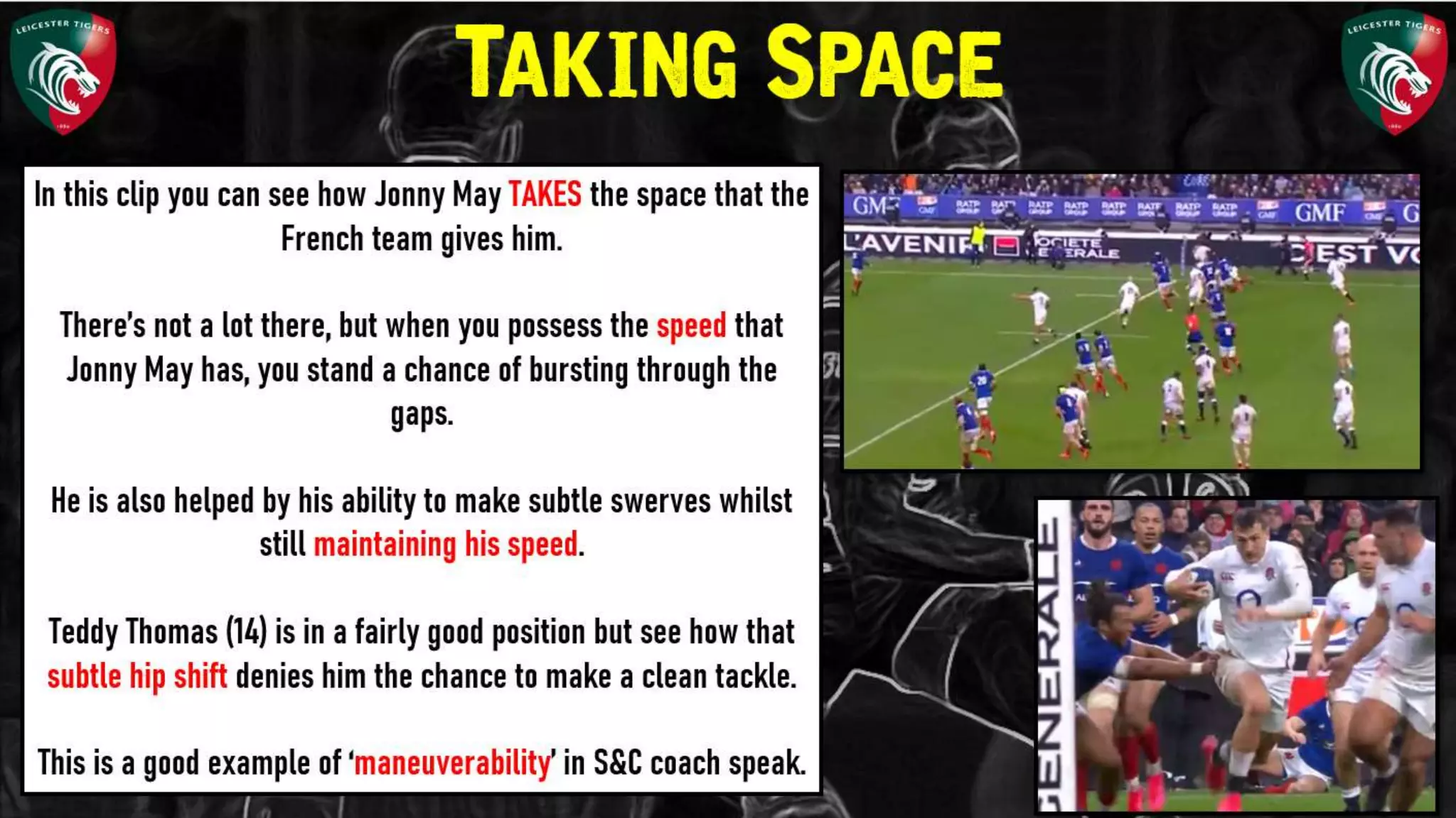 In this clip you can see how Jonny May TAKES
the space that the French team gives him.
There’s not a lot there, but when you possess
the speed that Jonny May has, you stand a
chance of bursting through the gaps.
He is also helped by his ability to make subtle
swerves whilst still maintaining his speed.
Teddy Thomas (14) is in a fairly good position
but see how that subtle hip shift denies him the
chance to make a clean tackle.
This is a good example of ‘maneuverability’ in
Taking Space
 