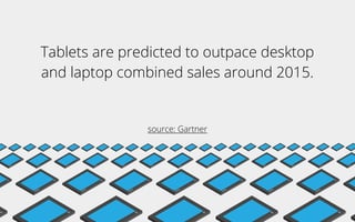 Tablets are predicted to outpace desktop
and laptop combined sales around 2015.
source: Gartner
 