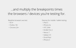 ...and multiply the breakpoints times
the browsers / devices you’re testing for.
Baseline browsers we test:
• IE 8+
• Firefox 18+
• Chrome 24+
Devices for mobile / tablet testing:
• iPad 3
• iPhone 4s
• HTC DNA
• Kindle Fire 2
• Nexus 7
• Galaxy S II
• Droid Razr
• iPhone 5
 