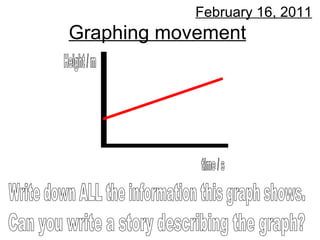 Graphing movement February 16, 2011 Can you write a story describing the graph? Write down ALL the information this graph shows. Height / m time / s 