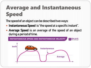 Average and Instantaneous
Speed
The speedof an object can be describedtwo ways:
 Instantaneous Speed is “thespeedat a specificinstant”.
 Average Speed is an average of the speed of an object
during a periodof time.
 