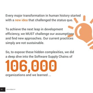 10
Every major transformation in human history started
with a new idea that challenged the status quo.
To achieve the next leap in development
efficiency, we MUST challenge our assumptions
and find new approaches. Our current practices
simply are not sustainable.
So, to expose these hidden complexities, we did
a deep dive into the Software Supply Chains of
106,000organizations and we learned ...
www.sonatype.com
 