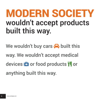 6
MODERN SOCIETY
wouldn’t accept products
built this way.
We wouldn’t buy cars  built this
way. We wouldn’t accept medical
devices  or food products  or
anything built this way.
www.sonatype.com
 