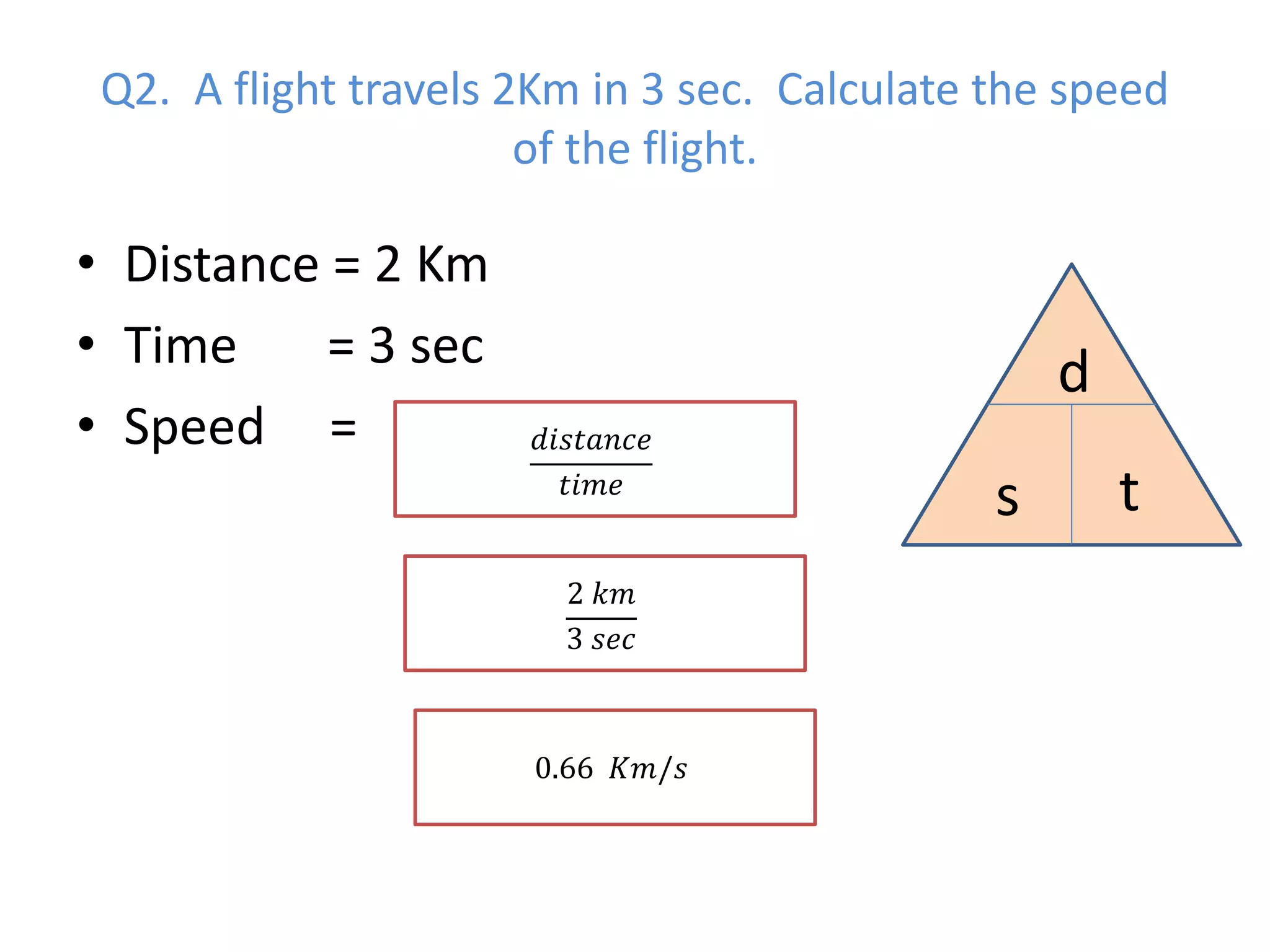 Q2. A flight travels 2Km in 3 sec. Calculate the speed
of the flight.
• Distance = 2 Km
• Time = 3 sec
• Speed =
d
s t
𝑑𝑖𝑠𝑡𝑎𝑛𝑐𝑒
𝑡𝑖𝑚𝑒
2 𝑘𝑚
3 𝑠𝑒𝑐
0.66 𝐾𝑚/𝑠
 