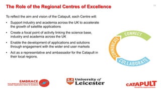 The Role of the Regional Centres of Excellence
To reflect the aim and vision of the Catapult, each Centre will:
• Support industry and academia across the UK to accelerate
the growth of satellite applications
• Create a focal point of activity linking the science base,
industry and academia across the UK
• Enable the development of applications and solutions
through engagement with the wider end user markets
• Act as a representative and ambassador for the Catapult in
their local regions.
13
 
