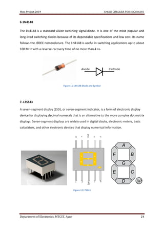 Mini Project 2019 SPEED CHECKER FOR HIGHWAYS
Department of Electronics, MTCST, Ayur 24
6.1N4148
The 1N4148 is a standard silicon switching signal diode. It is one of the most popular and
long-lived switching diodes because of its dependable specifications and low cost. Its name
follows the JEDEC nomenclature. The 1N4148 is useful in switching applications up to about
100 MHz with a reverse-recovery time of no more than 4 ns.
Figure 11 1N4148 Diode and Symbol
7. LTS543
A seven-segment display (SSD), or seven-segment indicator, is a form of electronic display
device for displaying decimal numerals that is an alternative to the more complex dot matrix
displays. Seven-segment displays are widely used in digital clocks, electronic meters, basic
calculators, and other electronic devices that display numerical information.
Figure 12 LTS543
 