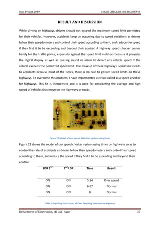 Mini Project 2019 SPEED CHECKER FOR HIGHWAYS
Department of Electronics, MTCST, Ayur 37
RESULT AND DISCUSSION
While driving on highways, drivers should not exceed the maximum speed limit permitted
for their vehicles. However, accidents keep on occurring due to speed violations as drivers
follow their speedometers and control their speed according to them, and reduce the speed
if they find it to be exceeding and beyond their control. A highway speed checker comes
handy for the traffic police; especially against the speed limit violators because it provides
the digital display as well as buzzing sound or alarm to detect any vehicle speed if the
vehicle exceeds the permitted speed limit. The makeup of these highways, sometimes leads
to accidents because most of the times, there is no rule to govern speed limits on these
highways. To overcome this problem, I have implemented a circuit called as a speed checker
for highways. This kit is inexpensive and it is used for considering the average and high
speed of vehicles that move on the highways or roads.
Figure 21 Model of over speed detection system using timer
Figure 22 shows the model of our speed checker system using timer on highways so as to
control the rate of accidents as drivers follow their speedometers and control their speed
according to them, and reduce the speed if they find it to be exceeding and beyond their
control.
LDR 1ST
2nd
LDR Time Result
ON ON 5.14 Over speed
ON ON 6.67 Normal
ON ON 8 Normal
Table 1 Depicting final results of Over Speeding Detection on Highway
 