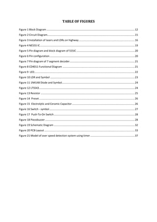 TABLE OF FIGURES
Figure 1 Block Diagram .........................................................................................................................12
Figure 2 Circuit Diagram........................................................................................................................15
Figure 3 Installation of lasers and LDRs on highway.............................................................................16
Figure 4 NE555 IC..................................................................................................................................19
Figure 5 Pin diagram and block diagram of 555IC ................................................................................20
Figure 6 Pin configuration.....................................................................................................................20
Figure 7 Pin diagram of 7 segment decoder.........................................................................................21
Figure 8 CD4011 Functional Diagram ...................................................................................................21
Figure 9 LED..........................................................................................................................................22
Figure 10 LDR and Symbol ....................................................................................................................23
Figure 11 1N4148 Diode and Symbol....................................................................................................24
Figure 12 LTS543...................................................................................................................................24
Figure 13 Resistor .................................................................................................................................25
Figure 14 Preset ...................................................................................................................................26
Figure 15 Electrolytic and Ceramic Capacitor......................................................................................26
Figure 16 Switch - symbol.....................................................................................................................27
Figure 17 Push-To-On Switch...............................................................................................................28
Figure 18 Piezobuzzer ...........................................................................................................................28
Figure 19 Schematic Diagram ...............................................................................................................32
Figure 20 PCB Layout ............................................................................................................................33
Figure 21 Model of over speed detection system using timer.............................................................37
 