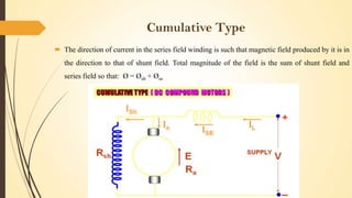 Cumulative Type
 The direction of current in the series field winding is such that magnetic field produced by it is in
the direction to that of shunt field. Total magnitude of the field is the sum of shunt field and
series field so that: Ø = Øsh + Øse

 