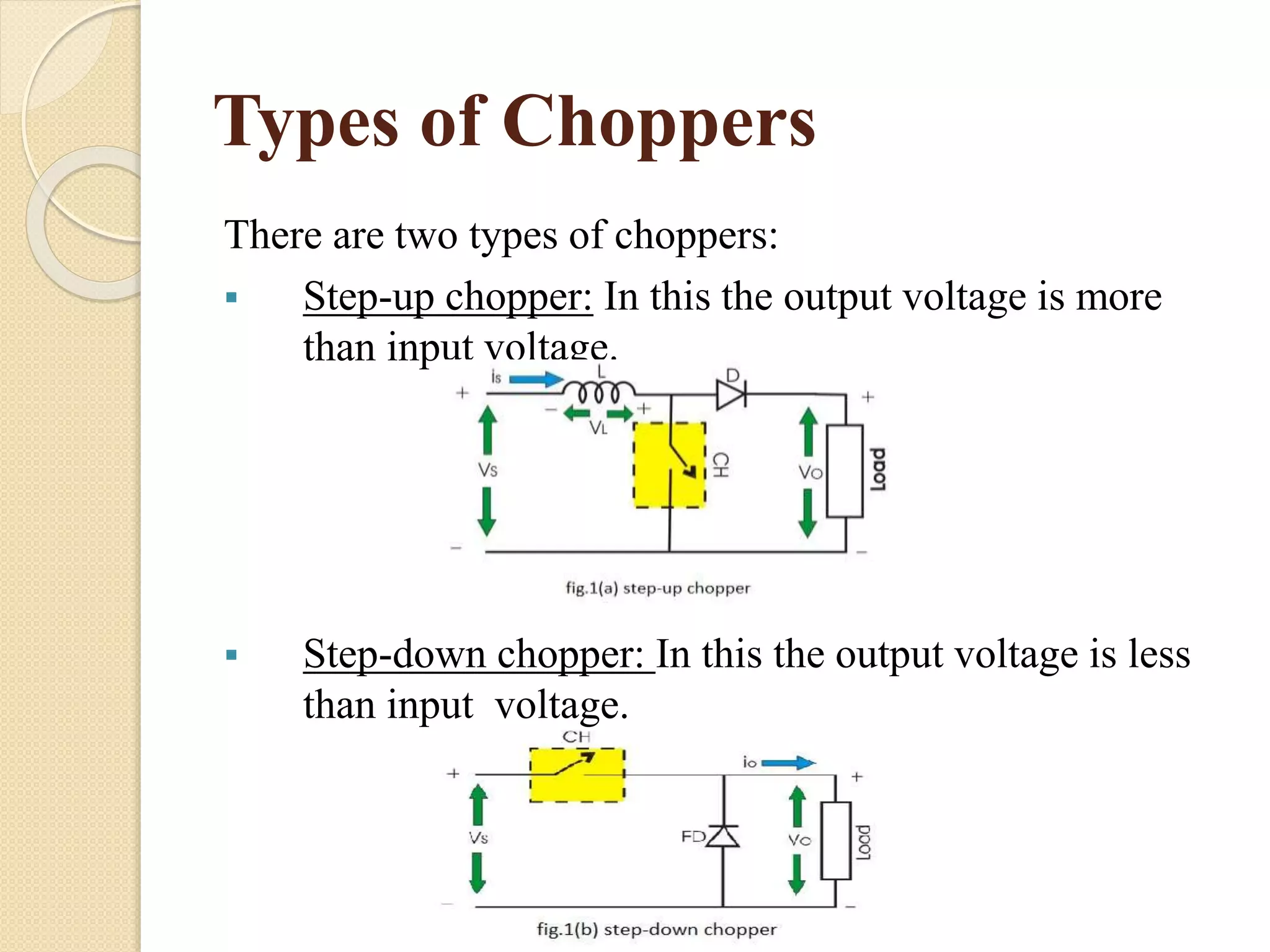 Types of Choppers
There are two types of choppers:
 Step-up chopper: In this the output voltage is more
than input voltage.
 Step-down chopper: In this the output voltage is less
than input voltage.
 