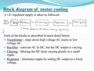 Block diagram of motor cooling
A 12v regulated supply is taken as followed:
Each of the blocks is described in more detail below:
 Transformer - steps down high voltage AC mains to low
voltage AC.
 Rectifier - converts AC to DC, but the DC output is varying.
 Filtering - filtering the DC from varying greatly to a small
ripple.
 Regulator - eliminates ripple by setting DC output to a fixed
voltage.
 