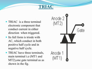 TRIAC
 TRIAC is a three terminal
electronic component that
conduct current in either
direction when triggered.
 Its full form is triode with
AC, which conduct in both
positive half cycle and in
negative half cycle.
 TRIAC have three terminals,
main terminal i.e (MT1 and
MT2),one gate terminal as as
shown in the fig.
 