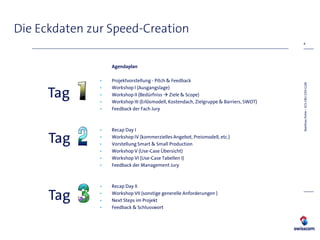 Die Eckdaten zur Speed-Creation
                                                                                          8




                   Agendaplan

               •   Projektvorstellung - Pitch & Feedback




                                                                                         Matthias Pohle – SCS-CBU-CED-G2M
      Tag
               •   Workshop I (Ausgangslage)
               •   Workshop II (Bedürfniss  Ziele & Scope)
               •   Workshop III (Erlösmodell, Kostendach, Zielgruppe & Barriers, SWOT)
               •   Feedback der Fach Jury



               •   Recap Day I

      Tag      •
               •
                   Workshop IV (kommerzielles Angebot, Preismodell, etc.)
                   Vorstellung Smart & Small Production
               •   Workshop V (Use-Case Übersicht)
               •   Workshop VI (Use-Case Tabellen I)
               •   Feedback der Management Jury



               •   Recap Day II

      Tag      •
               •
                   Workshop VII (sonstige generelle Anforderungen )
                   Next Steps im Projekt
               •   Feedback & Schlusswort
 