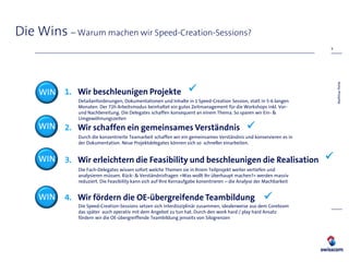 Die Wins – Warum machen wir Speed-Creation-Sessions?
                                                                                                                     9




                                                                                                                         Matthias Pohle
     WIN   1. Wir beschleunigen Projekte                          
              Detailanforderungen, Dokumentationen und Inhalte in 1 Speed-Creation Session, statt in 5-6 langen
              Monaten. Der 72h Arbeitsmodus beinhaltet ein gutes Zeitmanagement für die Workshops inkl. Vor-
              und Nachbereitung. Die Delegates schaffen konsequent an einem Thema. So sparen wir Ein- &
              Umgewöhnungszeiten
     WIN   2. Wir schaffen ein gemeinsames Verständnis                                        
              Durch die konzentrierte Teamarbeit schaffen wir ein gemeinsames Verständnis und konservieren es in
              der Dokumentation. Neue Projektdelegates können sich so schneller einarbeiten.


     WIN   3. Wir erleichtern die Feasibility und beschleunigen die Realisation                                      
              Die Fach-Delegates wissen sofort welche Themen sie in Ihrem Teilprojekt weiter vertiefen und
              analysieren müssen. Rück- & Verständnisfragen «Was wollt Ihr überhaupt machen?» werden massiv
              reduziert. Die Feasibility kann sich auf Ihre Kernaufgabe konentrieren – die Analyse der Machbarkeit


     WIN   4. Wir fördern die OE-übergreifende Teambildung                                            
              Die Speed-Creation-Sessions setzen sich interdisziplinär zusammen, idealerweise aus dem Coreteam
              das später auch operativ mit dem Angebot zu tun hat. Durch den work hard / play hard Ansatz
              fördern wir die OE-übergreiffende Teambildung jenseits von Silogrenzen
 