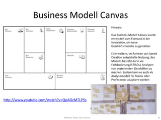Business Modell Canvas
                                                            Hinweis:

                                                            Das Business Modell Canvas wurde
                                                            entwickelt zum Forecast in der
                                                            Innovation, um neue
                                                            Geschäftsmodelle zu gestalten.

                                                            Eine weitere, im Rahmen von Speed
                                                            Creation entwickelte Nutzung, des
                                                            Modells besteht darin via
                                                            Farbkodierung IST/SOLL Analysen
                                                            von bestehenden Geschäften zu
                                                           machen. Zudem kann es auch als
                                                            Analysemodell für Teams oder
                                                            Profitcenter adaptiert werden




http://www.youtube.com/watch?v=QoAOzMTLP5s



                              Matthias Pohle, Sven Krause                                       22
 