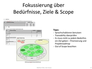 Fokussierung über
Bedürfnisse, Ziele & Scope


                                        Tipps:
                                        - Sprachschablonen benutzen
                                        - Traceability überprüfen
                                        - Es muss nicht zu jedem Bedürfnis
                                          ein Ziel geben – Priorisierung und
                                          Projektroadmap
                                        - Out of Scope beachten




          Matthias Pohle, Sven Krause                                          27
 