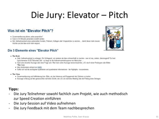 Die Jury: Elevator – Pitch



                                                




Tipps:
- Die Jury Teilnehmer sowohl fachlich zum Projekt, wie auch methodisch
   zur Speed Creation einführen
- Die Jury-Session auf Video aufnehmen
- Die Jury Feedback mit dem Team nachbesprechen

                                Matthias Pohle, Sven Krause              31
 