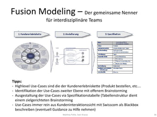 Fusion Modeling – Der gemeinsame Nenner
                     für interdisziplinäre Teams




Tipps:
- Highlevel Use-Cases sind die der Kundenerlebniskette (Produkt bestellen, etc….
- Identifikation der Use-Cases zweiter Ebene mit offenem Brainstorming
- Ausgestaltung der Use-Cases via Spezifikationstabelle (Tabellenstruktur dient
  einem zielgerichteten Brainstorming
- Use-Cases immer rein aus Kundeninteraktionssicht mit Swisscom als Blackbox
  beschreiben (eventuell Guidance zu Hilfe nehmen)
                               Matthias Pohle, Sven Krause                         36
 