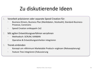 Zu diskutierende Ideen
1.   Vorarbeit präzisieren oder separate Speed Creation für:
     •   Business Drivers, Business Plan (Marktdaten, Stückzahl), Standard-Business-
         Prozesse, Constrains
     •   Speed Creation entkoppeln 2x2

2.   Mit agilen Entwicklungsverfahren verzahnen
     •   Methodisch: SCRUM, KANBAN
     •   Operative & Entwicklungseinheiten integrieren

3.   Trends einbinden
     •   Konzept um «Minimum Marketable Product» ergänzen (Releaseplanung)
     •   Feature Tree integrieren (Fokussierung




                                   Matthias Pohle, Sven Krause                         44
 