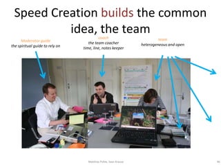 Speed Creation builds the common
          idea, the team                  coach
      Moderator guide                                                     team
                                    the team coacher             heterogeneous and open
the spiritual guide to rely on   time, line, notes keeper




                                   Matthias Pohle, Sven Krause                            46
 