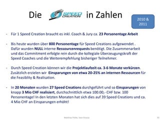 Die                                         in Zahlen            2010 &
                                                                               2011

- Für 1 Speed Creation braucht es inkl. Coach & Jury ca. 23 Personentage Arbeit

- Bis heute wurden über 800 Personentage für Speed Creations aufgewendet .
  Dafür wurden NULL interne Ressourcenrequests benötigt. Die Zusammenarbeit
  und das Commitment erfolgte rein durch die kollegiale Überzeugungskraft der
  Speed Coaches und die Weiterempfehlung bisheriger Teilnehmer.

- Durch Speed Creation können wir die Projektlaufzeit ca. 3-6 Monate verkürzen.
  Zusätzlich erzielen wir Einsparungen von etwa 20-25% an internen Ressourcen für
  die Feasiblity & Realisation.

- In 20 Monaten wurden 27 Speed Creations durchgeführt und so Einsparungen von
  knapp 3 Mio CHF realisiert, durchschnittlich etwa 100.00,- CHF bzw. 100
  Personentage! In den letzten Monaten hat sich dies auf 39 Speed Creations und ca.
  4 Mio CHF an Einsparungen erhöht!


                                  Matthias Pohle, Sven Krause                          50
 