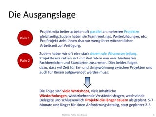 Die Ausgangslage
           Projektmitarbeiter arbeiten oft parallel an mehreren Projekten
  Pain 1   gleichzeitig. Zudem haben sie Teammeetings, Weiterbildungen, etc.
           Pro Projekt steht Ihnen also nur wenig Ihrer wöchentlichen
           Arbeitszeit zur Verfügung.

           Zudem haben wir oft eine stark dezentrale Wissensverteilung.
           Projektteams setzen sich mit Vertretern von verschiedensten
  Pain 2
           Fachbereichen und Standorten zusammen. Dies beides folgert
           dazu, dass viel Zeit für Ein- und Umgewöhnung zwischen Projekten und
           auch für Reisen aufgewendet werden muss.



           Die Folge sind viele Workshops, viele inhaltliche
           Wiederholungen, wiederkehrende Verständnisfragen, wechselnde
           Delegate und schlussendlich Projekte die länger dauern als geplant. 5-7
           Monate und länger für einen Anforderungskatalog, statt geplanter 2-3

                         Matthias Pohle, Sven Krause                              8
 